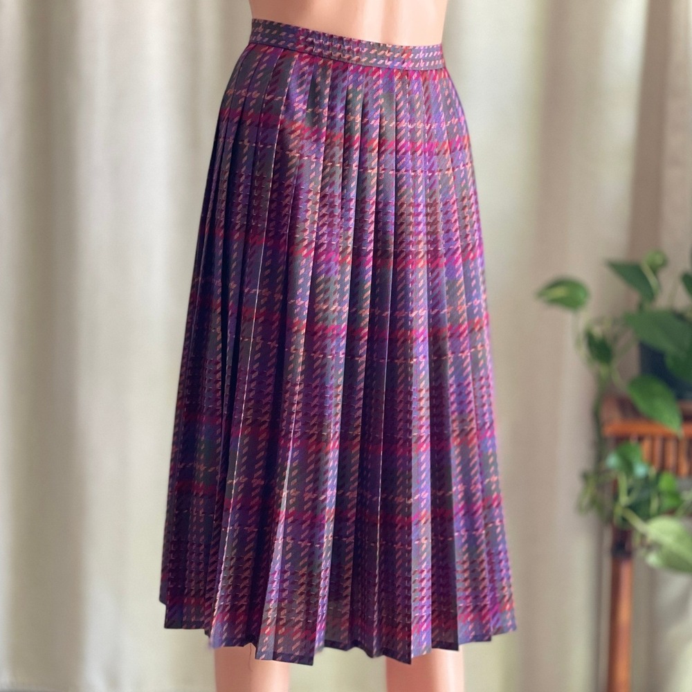 Vtg 80s‎ Jaeger London Pleated Midi Skirt Plaid Purple Dark Academia Preppy 10